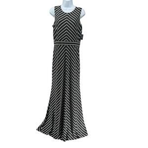 Just Taylor Bodycon Fit and Flair Maxi Black and White Striped Dress 10 NWT